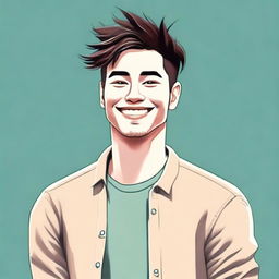 A high-quality digital art image of a relaxed, cool individual with a confident grin, trendy hair, and modern, casual attire