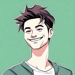 A high-quality digital art image of a relaxed, cool individual with a confident grin, trendy hair, and modern, casual attire