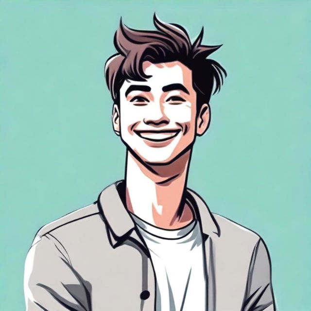 A high-quality digital art image of a relaxed, cool individual with a confident grin, trendy hair, and modern, casual attire