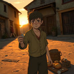 A scene depicting a poor boy in a historical setting, standing on a dusty street, holding a thin dime in his hand