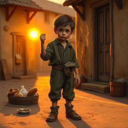 A scene depicting a poor boy in a historical setting, standing on a dusty street, holding a thin dime in his hand