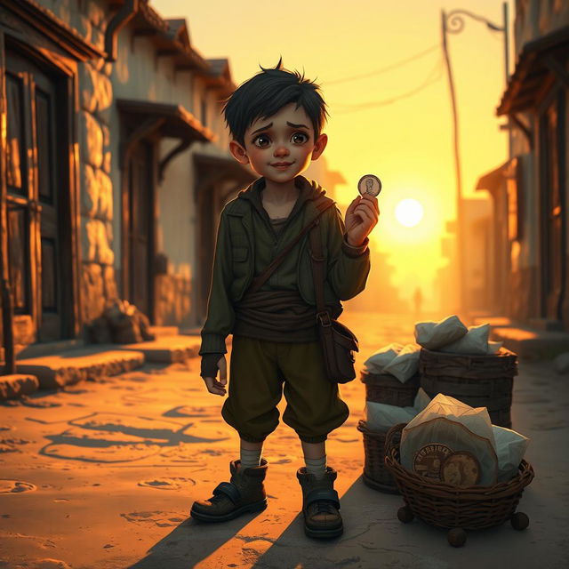 A scene depicting a poor boy in a historical setting, standing on a dusty street, holding a thin dime in his hand