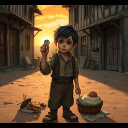 A scene depicting a poor boy in a historical setting, standing on a dusty street, holding a thin dime in his hand