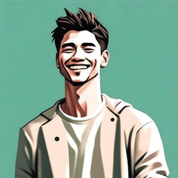 A high-quality digital art image of a relaxed, cool individual with a confident grin, trendy hair, and modern, casual attire