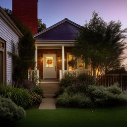 A cozy, welcoming home at sunset with a front garden, picket fence, and luscious greenery. The warm lights from the windows suggest a feeling of far-off comfort.