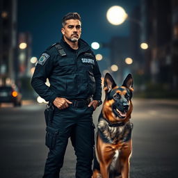A strong and vigilant man dressed in a dark security uniform comprised of black and blue colors, standing in a nocturnal urban environment, with his loyal German Shepherd dog by his side