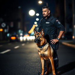 A strong and vigilant man dressed in a dark security uniform comprised of black and blue colors, standing in a nocturnal urban environment, with his loyal German Shepherd dog by his side