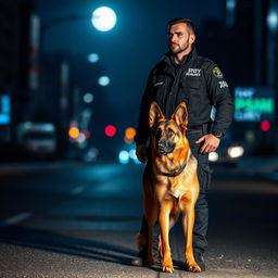 A strong and vigilant man dressed in a dark security uniform comprised of black and blue colors, standing in a nocturnal urban environment, with his loyal German Shepherd dog by his side