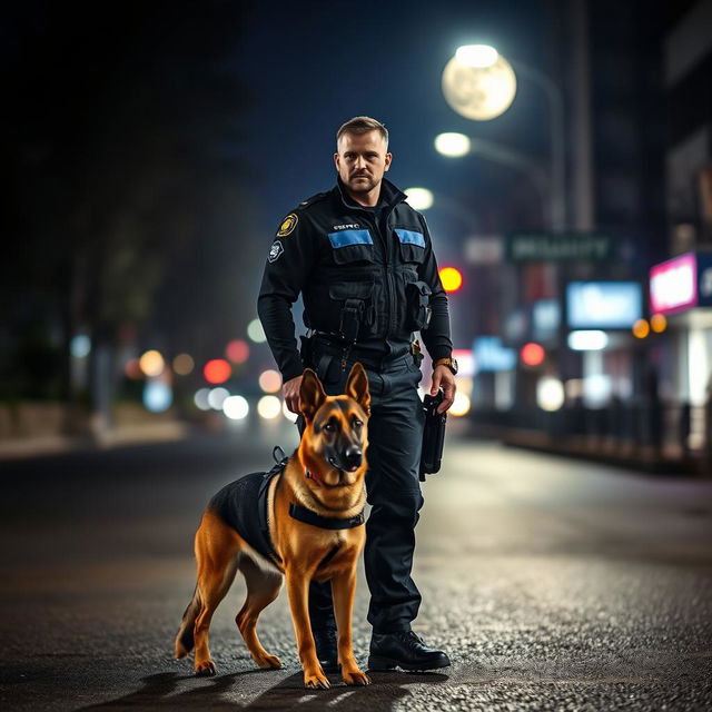 A strong and vigilant man dressed in a dark security uniform comprised of black and blue colors, standing in a nocturnal urban environment, with his loyal German Shepherd dog by his side