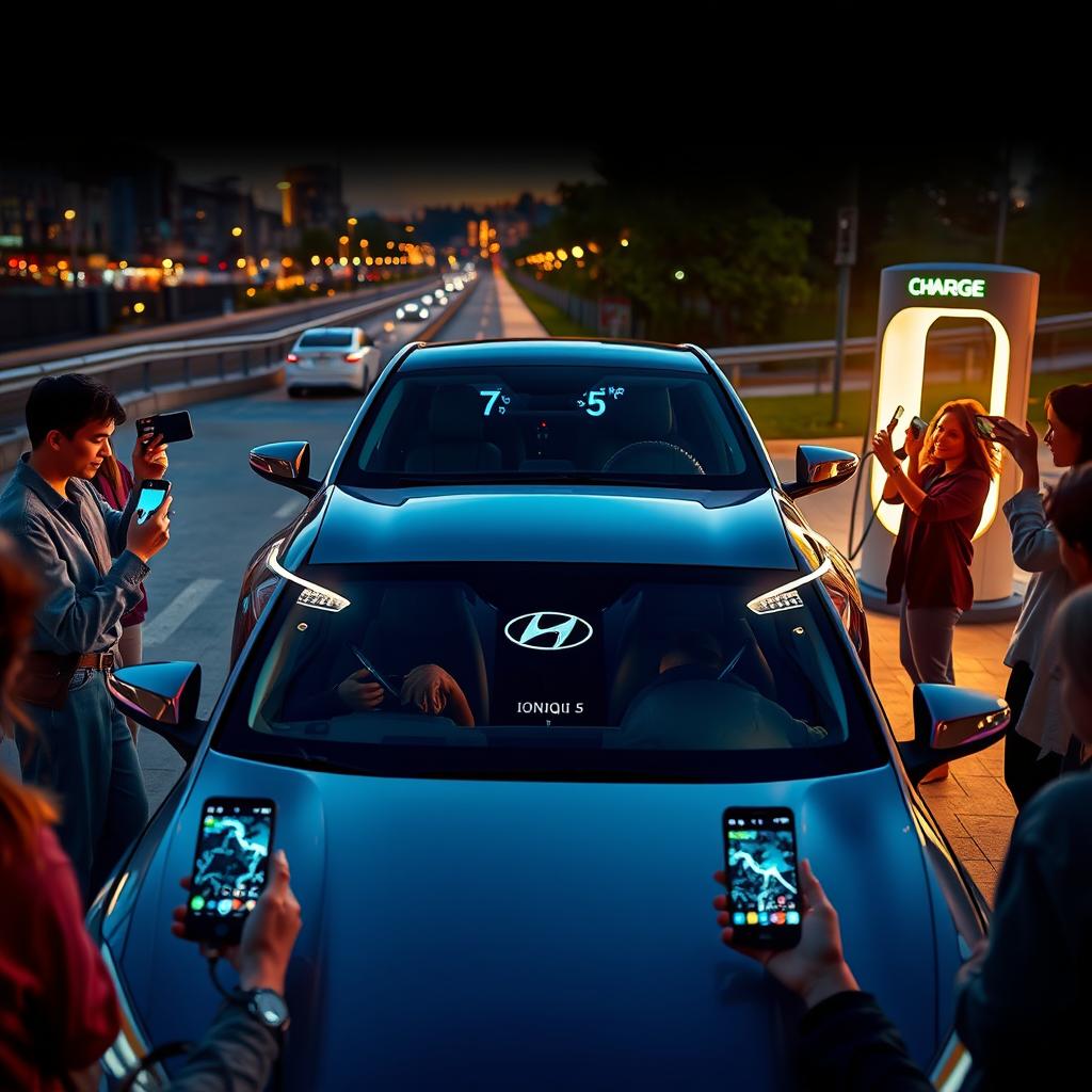 A futuristic scene showcasing the Hyundai IONIQ 5 in a dynamic driving environment, emphasizing its advanced features like the AR Head-Up Display visible on the windshield, highlighting navigation and speed