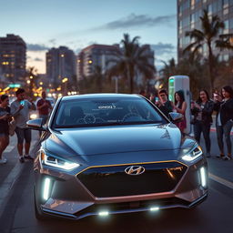 A futuristic scene showcasing the Hyundai IONIQ 5 in a dynamic driving environment, emphasizing its advanced features like the AR Head-Up Display visible on the windshield, highlighting navigation and speed