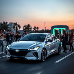 A futuristic scene showcasing the Hyundai IONIQ 5 in a dynamic driving environment, emphasizing its advanced features like the AR Head-Up Display visible on the windshield, highlighting navigation and speed
