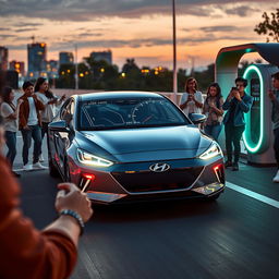A futuristic scene showcasing the Hyundai IONIQ 5 in a dynamic driving environment, emphasizing its advanced features like the AR Head-Up Display visible on the windshield, highlighting navigation and speed