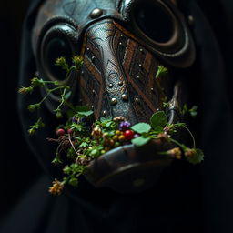 A close-up view of a beaked plague doctor mask, the mask is intricately detailed with aged leather and metal embellishments