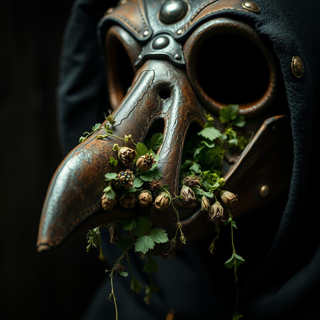 A close-up view of a beaked plague doctor mask, the mask is intricately detailed with aged leather and metal embellishments