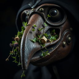 A close-up view of a beaked plague doctor mask, the mask is intricately detailed with aged leather and metal embellishments