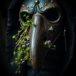 A close-up view of a beaked plague doctor mask, the mask is intricately detailed with aged leather and metal embellishments