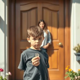 A young boy standing at a beautiful wooden front door, looking nervous but hopeful
