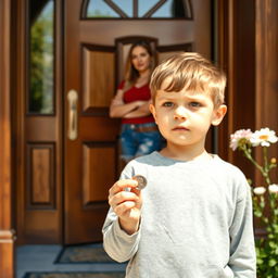 A young boy standing at a beautiful wooden front door, looking nervous but hopeful