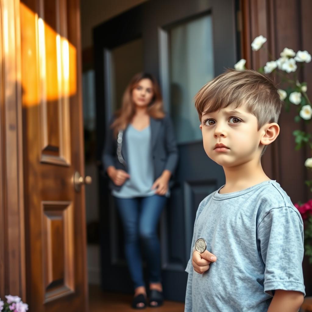 A young boy standing at a beautiful wooden front door, looking nervous but hopeful