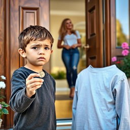 A young boy standing at a beautiful wooden front door, looking nervous but hopeful