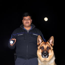 An Indian man in a security uniform, wearing a black and blue jacket, standing confidently in a dimly lit night setting