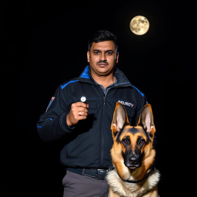 An Indian man in a security uniform, wearing a black and blue jacket, standing confidently in a dimly lit night setting