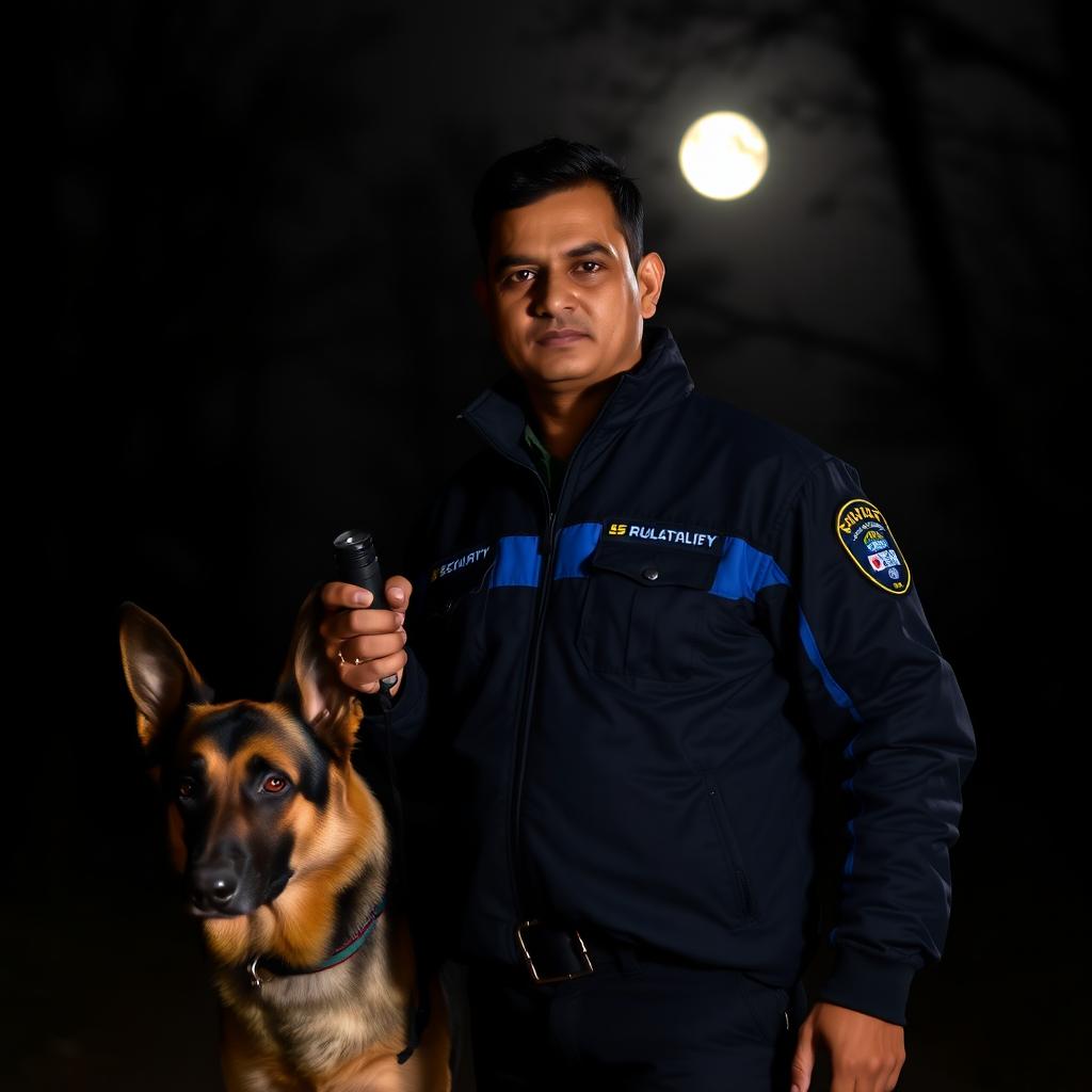 An Indian man in a security uniform, wearing a black and blue jacket, standing confidently in a dimly lit night setting