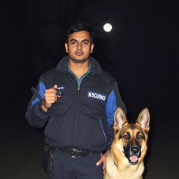 An Indian man in a security uniform, wearing a black and blue jacket, standing confidently in a dimly lit night setting