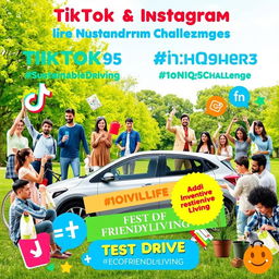 A vibrant and engaging digital collage representing TikTok and Instagram challenges promoting the IONIQ 5 as part of a sustainable lifestyle