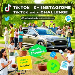 A vibrant and engaging digital collage representing TikTok and Instagram challenges promoting the IONIQ 5 as part of a sustainable lifestyle