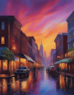 An ultra-detailed, impressionistic painting of a city at sunset, captured in a wide-angle shot