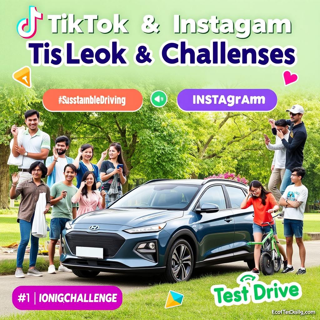 A vibrant and engaging digital collage representing TikTok and Instagram challenges promoting the IONIQ 5 as part of a sustainable lifestyle