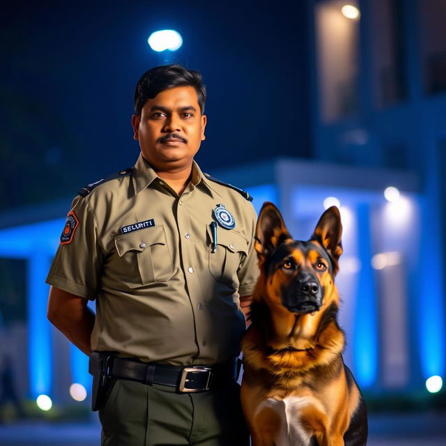 An Indian security guard standing proudly next to his loyal dog, both illuminated by a soft blue night light that casts a serene glow around them