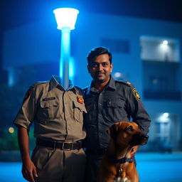 An Indian security guard standing proudly next to his loyal dog, both illuminated by a soft blue night light that casts a serene glow around them