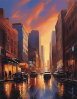 An ultra-detailed, impressionistic painting of a city at sunset, captured in a wide-angle shot