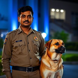 An Indian security guard standing proudly next to his loyal dog, both illuminated by a soft blue night light that casts a serene glow around them