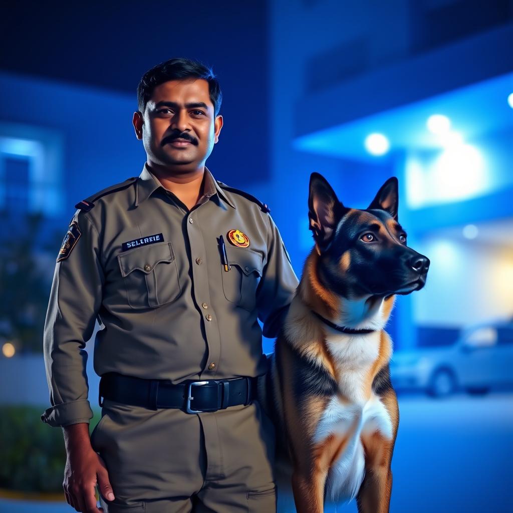 An Indian security guard standing proudly next to his loyal dog, both illuminated by a soft blue night light that casts a serene glow around them