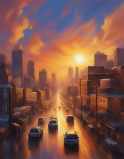 An ultra-detailed, impressionistic painting of a city at sunset, captured in a wide-angle shot