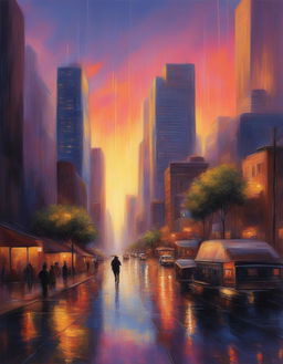 An ultra-detailed, impressionistic painting of a city at sunset, captured in a wide-angle shot