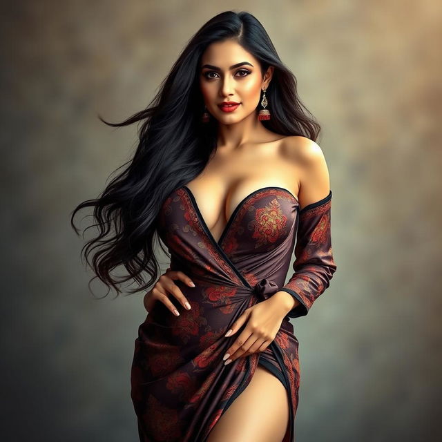 A curvy slim Afghani woman with a fuller figure, elegantly draped in a luxurious, seductive dress that accentuates her deep cleavage and narrow tummy