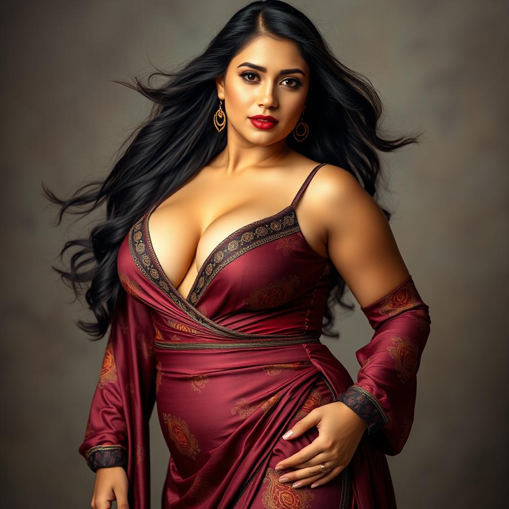 A curvy slim Afghani woman with a fuller figure, elegantly draped in a luxurious, seductive dress that accentuates her deep cleavage and narrow tummy