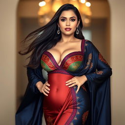 A curvy slim Afghani woman with a fuller figure, elegantly draped in a luxurious, seductive dress that accentuates her deep cleavage and narrow tummy