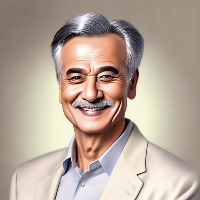 A high-quality digital art portrait of a mature individual with a warm smile and classic hairstyle