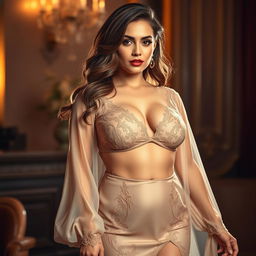 A curvy slim Ukrainian woman with a fuller figure, elegantly draped in a luxurious and seductive dress that accentuates her deep cleavage and narrow tummy