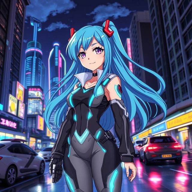 A vibrant anime scene featuring a stylish female character with long, flowing blue hair, wearing a futuristic outfit with glowing accents