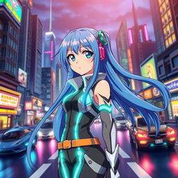A vibrant anime scene featuring a stylish female character with long, flowing blue hair, wearing a futuristic outfit with glowing accents