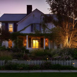 A cozy, welcoming home at sunset with a front garden, picket fence, and luscious greenery. The warm lights from the windows suggest a feeling of far-off comfort.