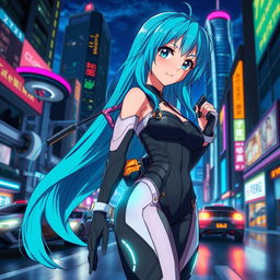 A vibrant anime scene featuring a stylish female character with long, flowing blue hair, wearing a futuristic outfit with glowing accents