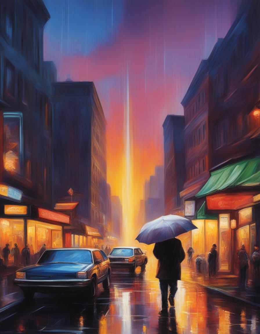 This is an ultra-detailed, impressionistic painting of a vibrant cityscape bathed in a sun shower at sunset